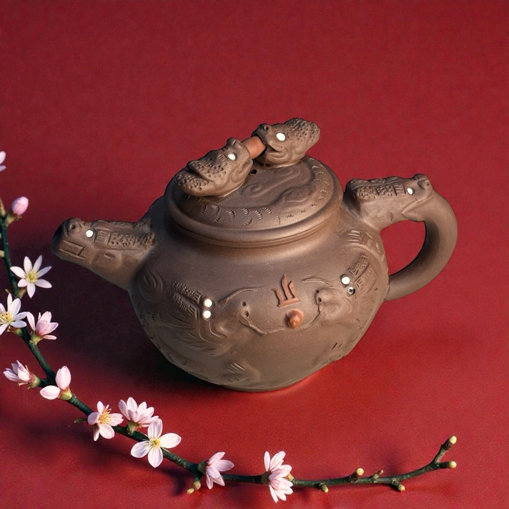 Signed Yixing China Zisha Clay Purple Sand Teapot Dragon Toad Snake White Eyes